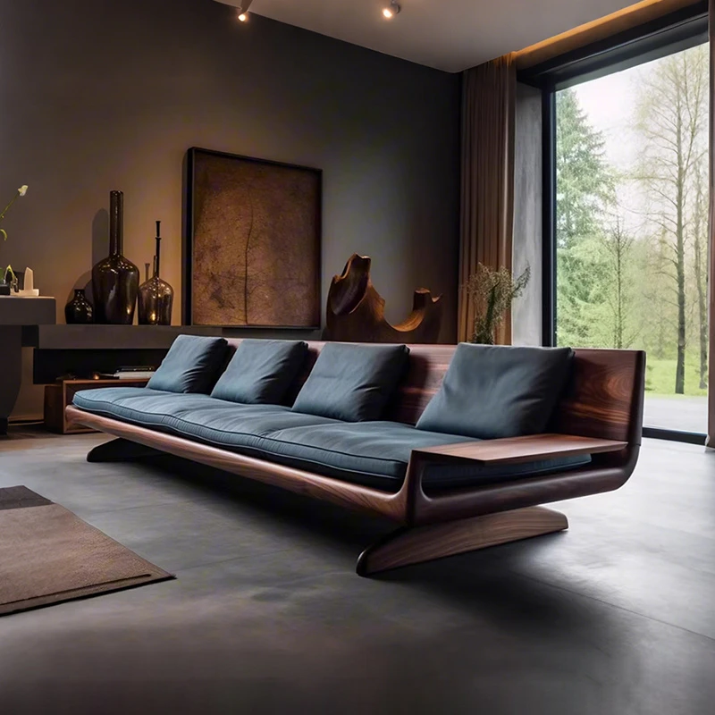 新中式北美黑胡桃木沙发客厅大小户型简约现代直排三人位真皮沙发