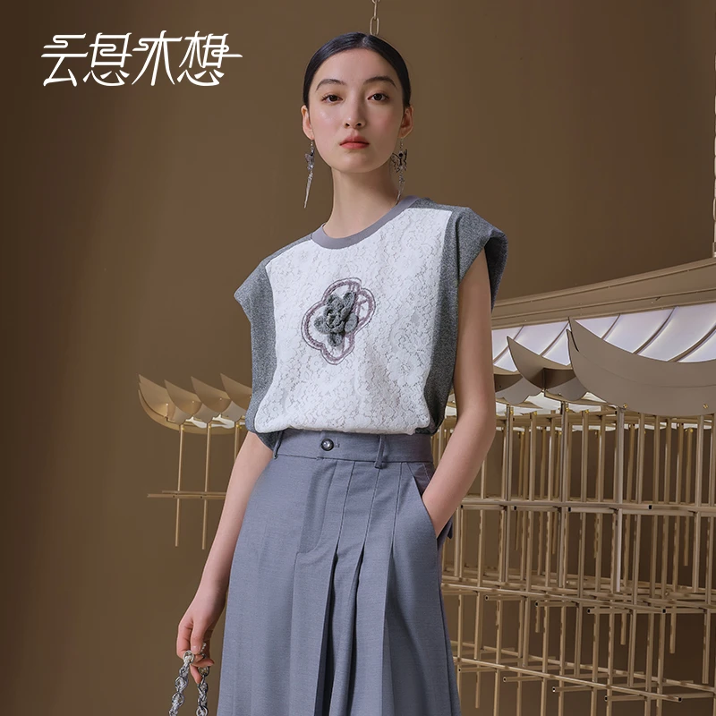 Ysimo-X云思木想 花开映窗 立体花朵钉珠裁片绣撞色圆领T恤12875