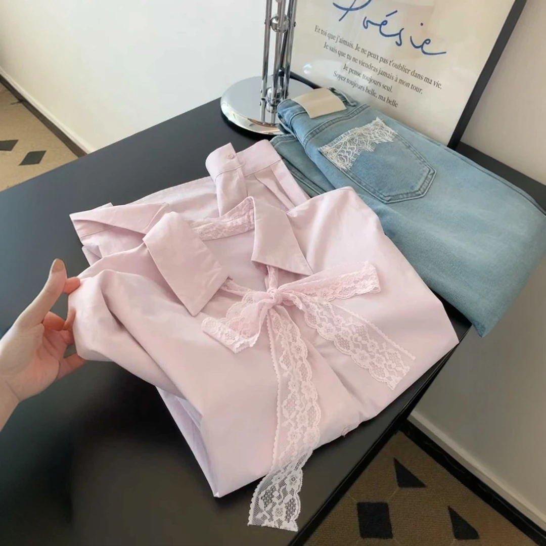 狠狠期待住春天！韩系少女粉色蕾丝衬衫2025春季新款青春减龄上衣