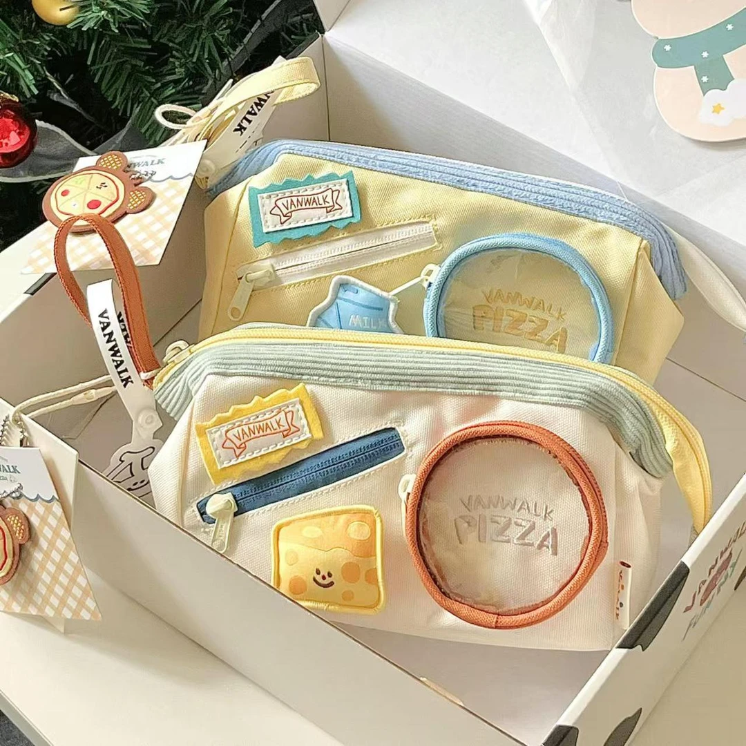 超萌芝士牛奶披萨笔袋ins可爱高颜值大容量铅笔袋学生多层文具袋