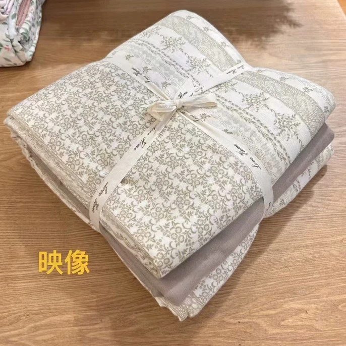 全棉双层纱床上四件套纯棉新款田园柔软被套