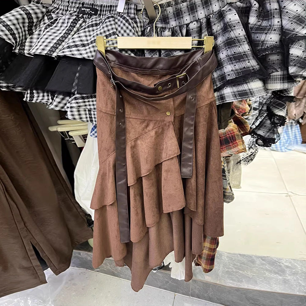 2025年春夏新款不规则高级感纯色半身裙女荷叶边蛋糕中长款裙子潮