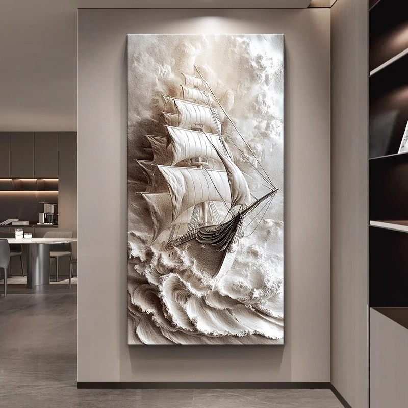 一帆风顺玄关装饰画2025新款高级感过道挂画轻奢大气竖版入户壁画