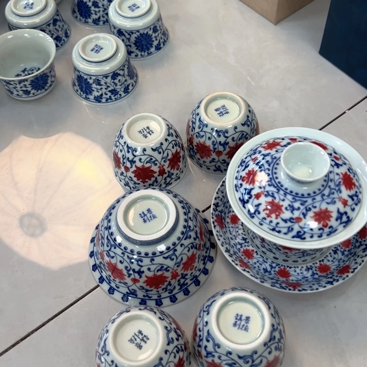 瓷片白青花釉里红缠枝莲六件套全品