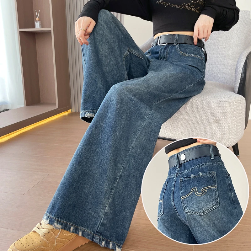 超火复古美式阔腿牛仔裤女2025秋季流行宽松遮肉辣妹磨破直筒裤子