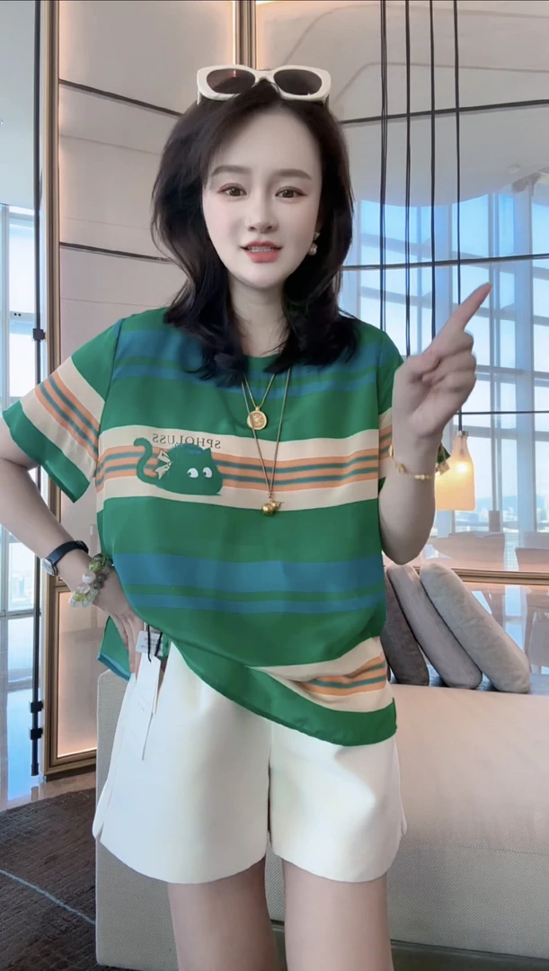 【丝芙玉禄】（F484）100%真丝双绉条纹创意绿色显瘦桑蚕丝t恤上衣