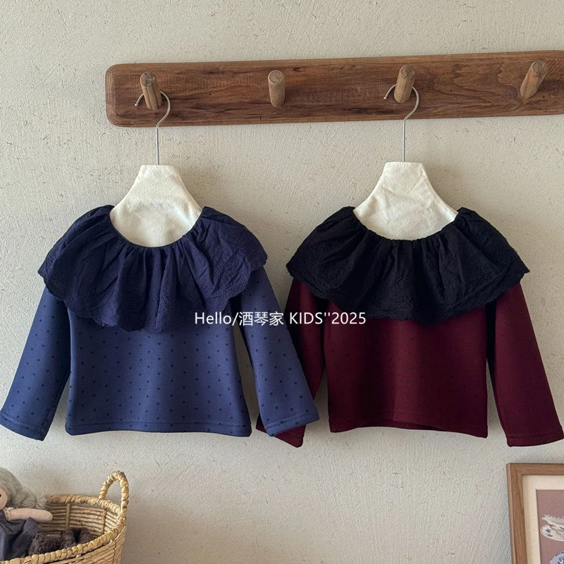 女童复古波点加绒打底衫冬季新品韩系女宝宝柔软花边领保暖上衣