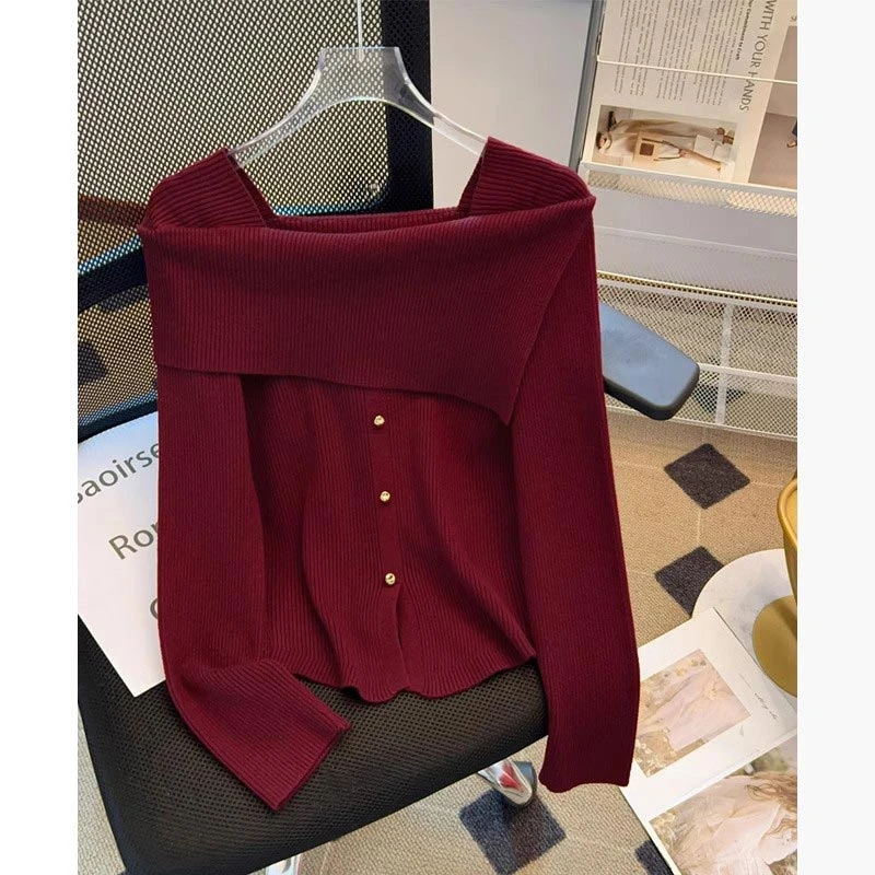 【惬意周末】微胖大码女装针织衫春秋新款时髦优雅一字肩慵懒毛衣