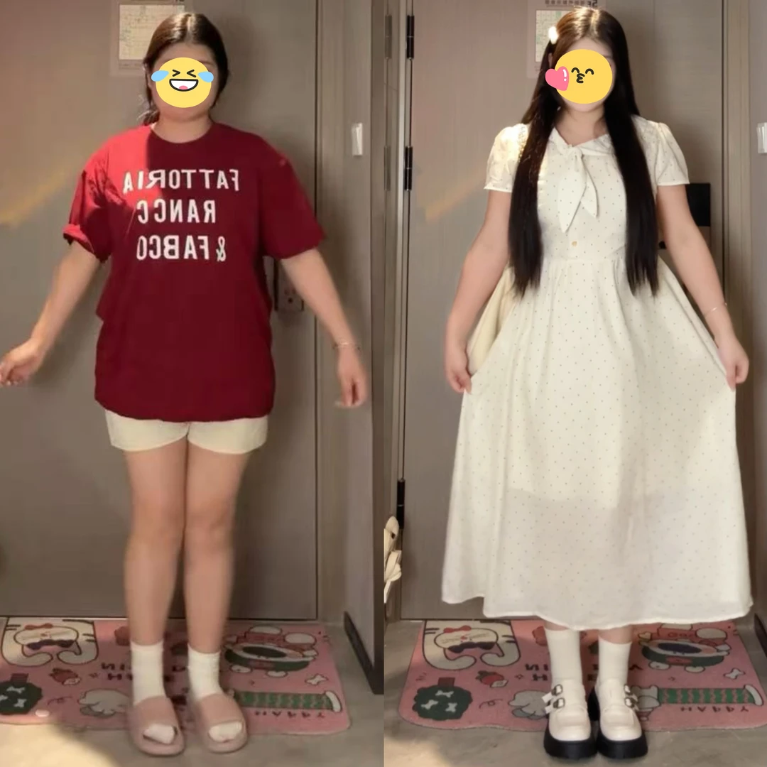 大码法式蝴蝶结兔耳朵波点连衣裙女夏季胖MM显瘦收腰气质方领长裙