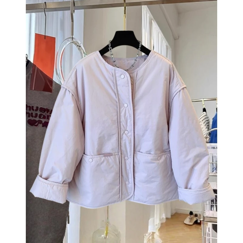 韩系穿搭简约纯色圆领单排扣棉服外套女秋冬宽松显瘦轻薄保暖棉衣