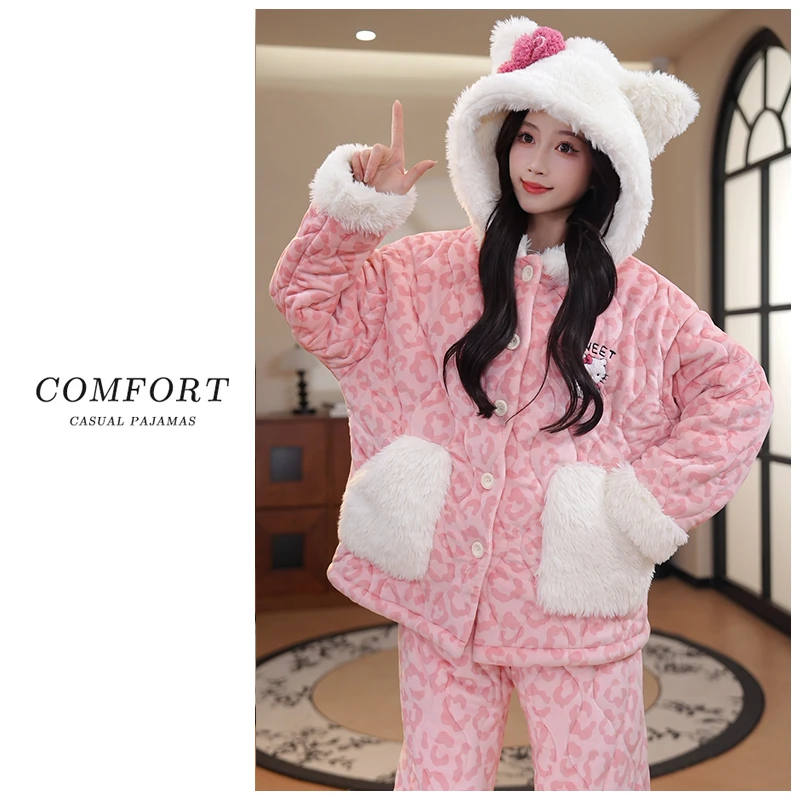 Nuodun/诺盾三层夹棉睡衣女2025冬季新款加厚保暖外穿家居服套装