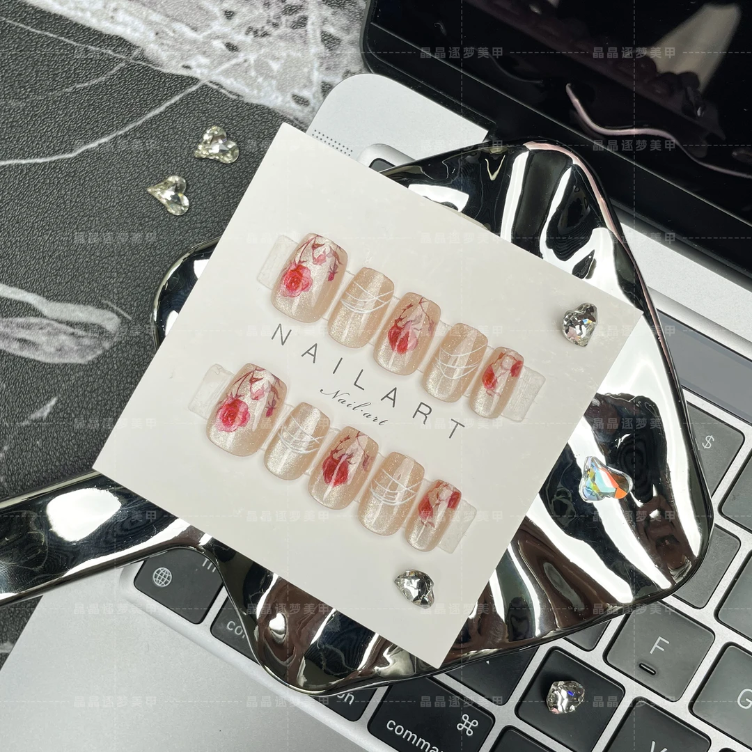 【玫瑰花田+固态胶+烤灯】短款（24片全尺码）穿戴甲美甲甲片指甲贴穿