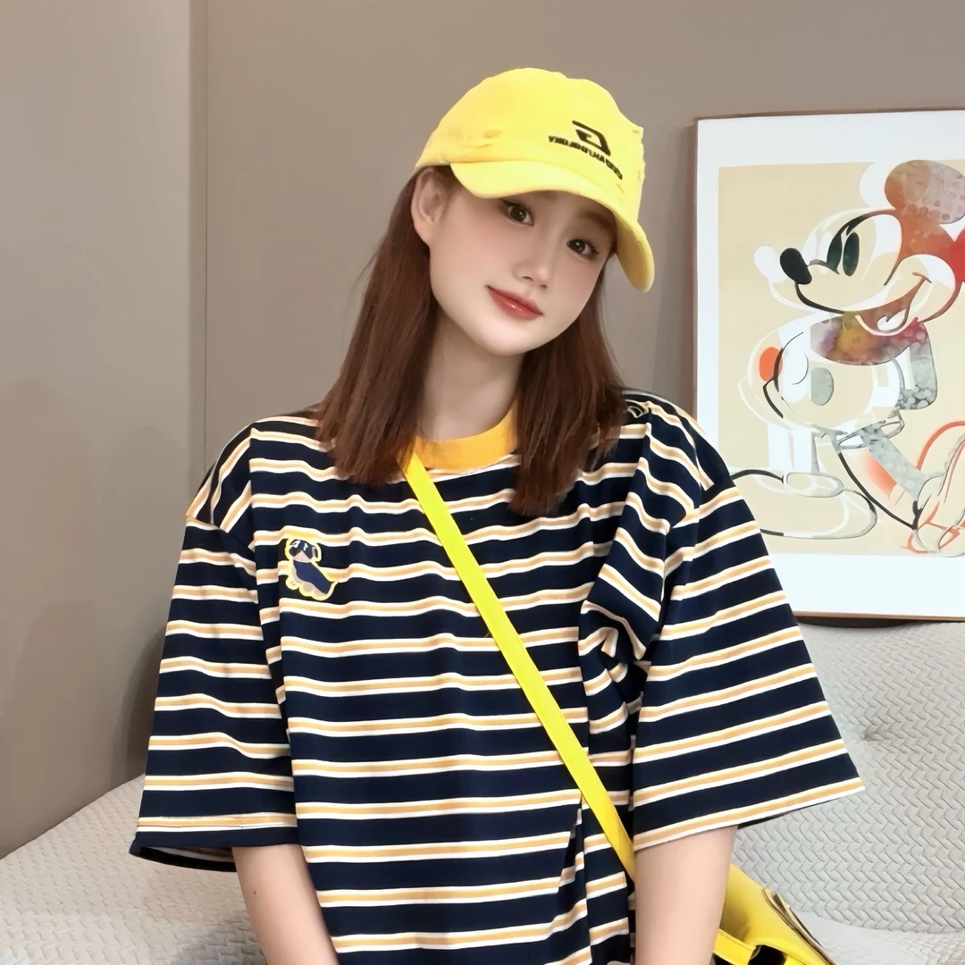 【FANG方】2024新款欧洲站黄色条纹短袖T恤女休闲宽松情侣