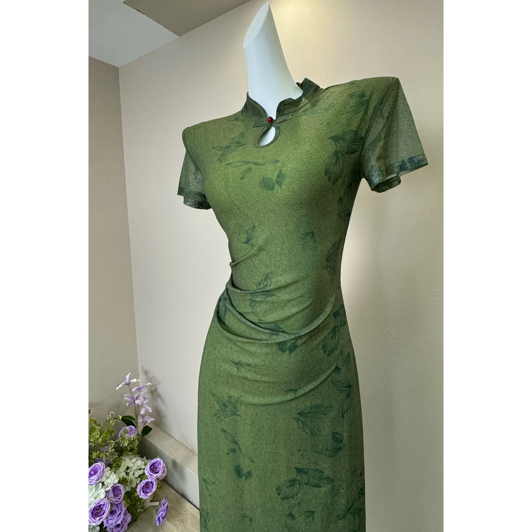 2025新中式扎染夏款旗袍裙女修身短袖印花显瘦减龄连衣裙