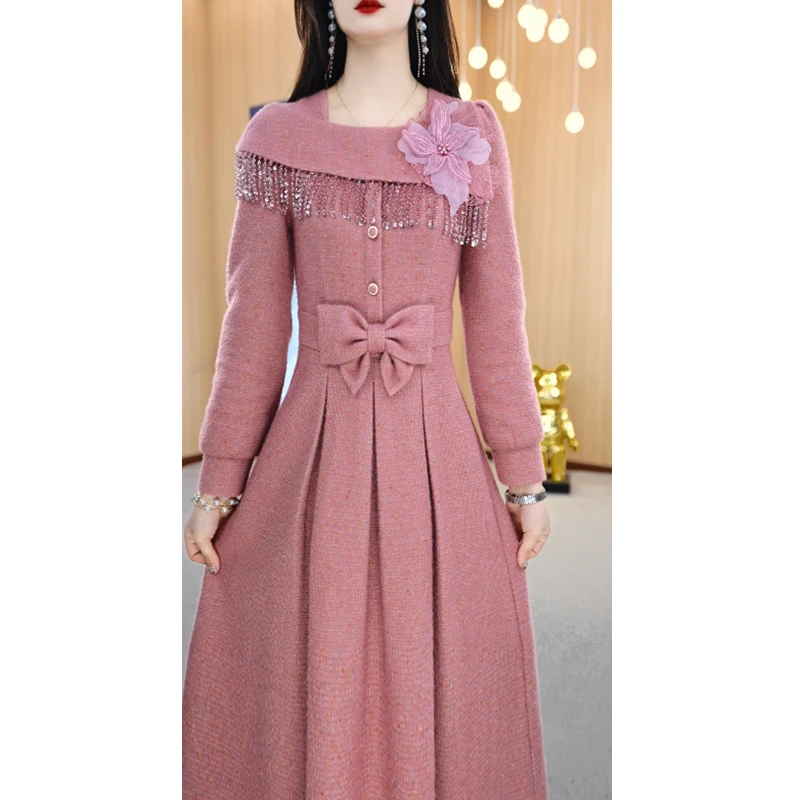 【连衣裙】冬季设计感方领气质百搭中长款连衣裙M-4XL