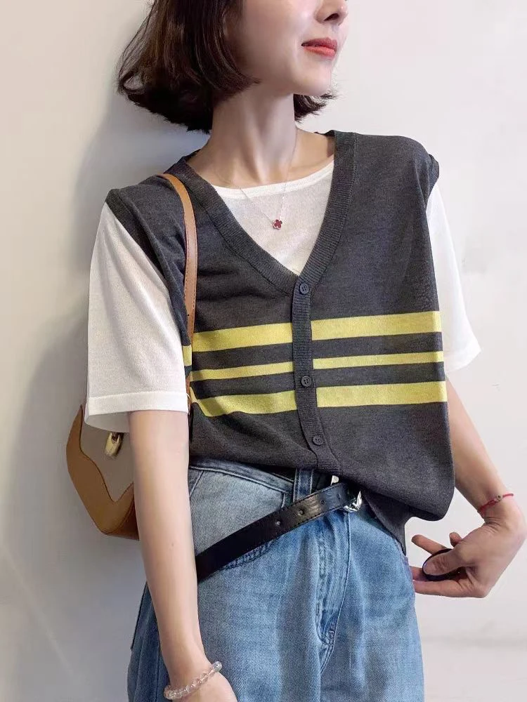 韩范洋气设计感v领短袖假两件针织时尚学院风减龄上衣