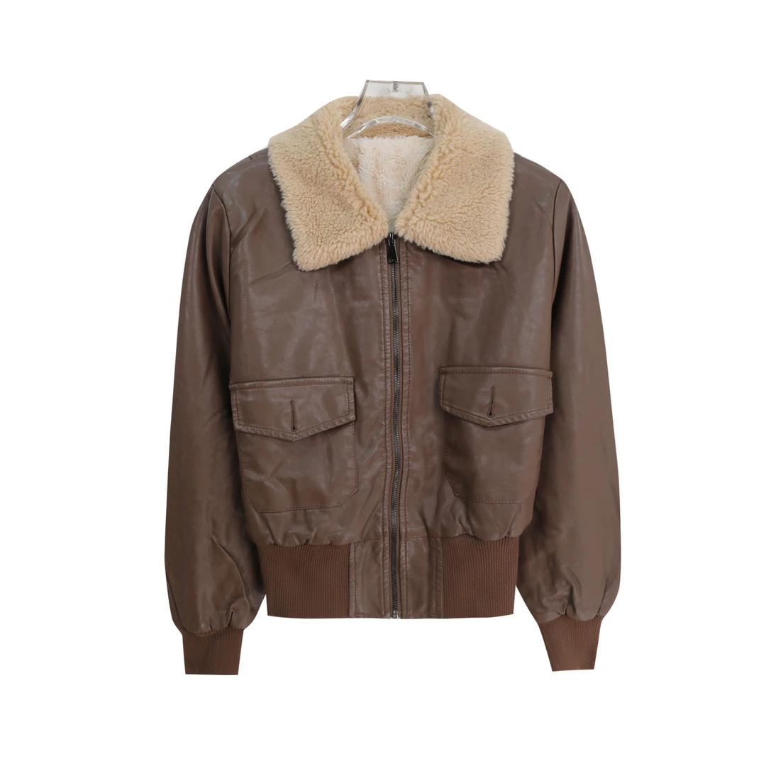 S 美式复古毛领短款夹克秋冬新款机车风加绒加厚外套S4914