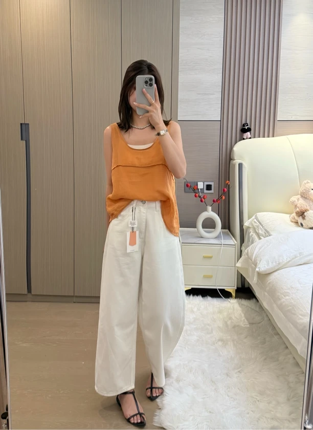 YANBAO 代嘉儿夏季高品质白色汉麻牛仔裤阔腿裤显瘦
