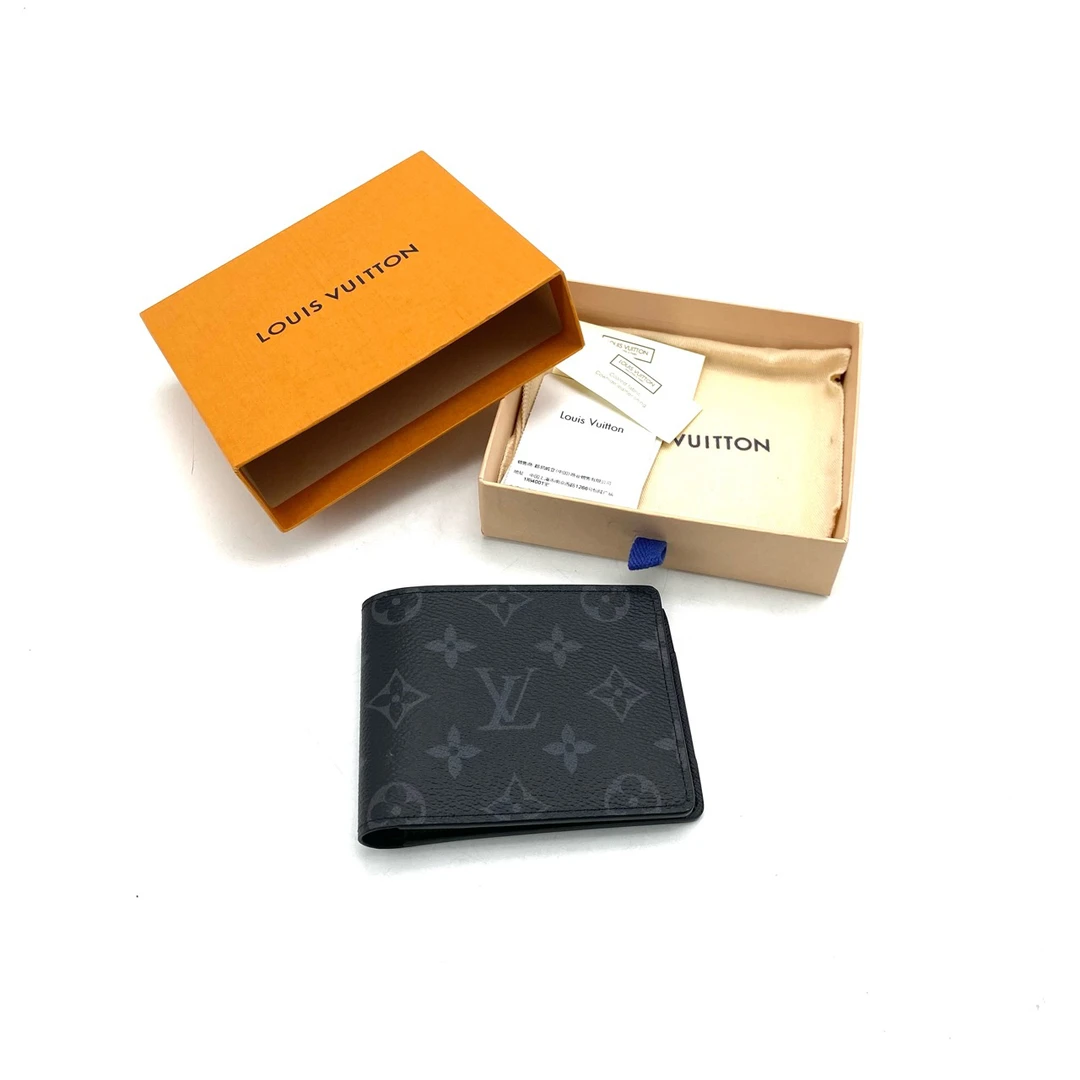 99新 LouisVuitton/路易威登 经典黑老花短款对折钱包 尺12/9男士