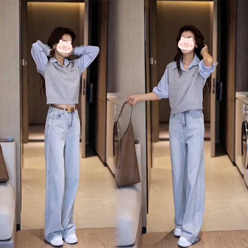 时尚套装女春季爆款高级感气质马甲条纹衬衫直筒牛仔裤显瘦三件套