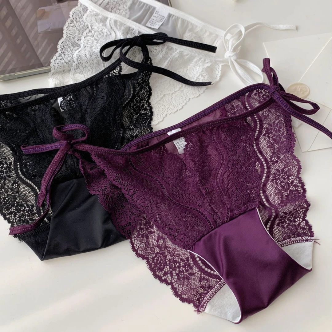 一拉就开细带法式蕾丝性感内裤女士低腰网纱少女纯欲火辣交叉绑带