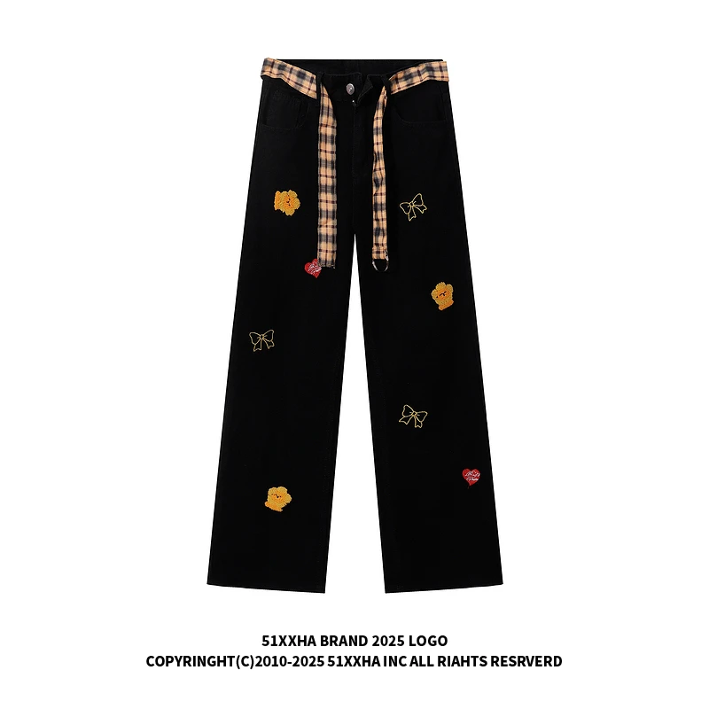 51嘻哈美式高街几何刺绣植绒宽松直筒裤男女款潮牌慵懒风牛仔长裤