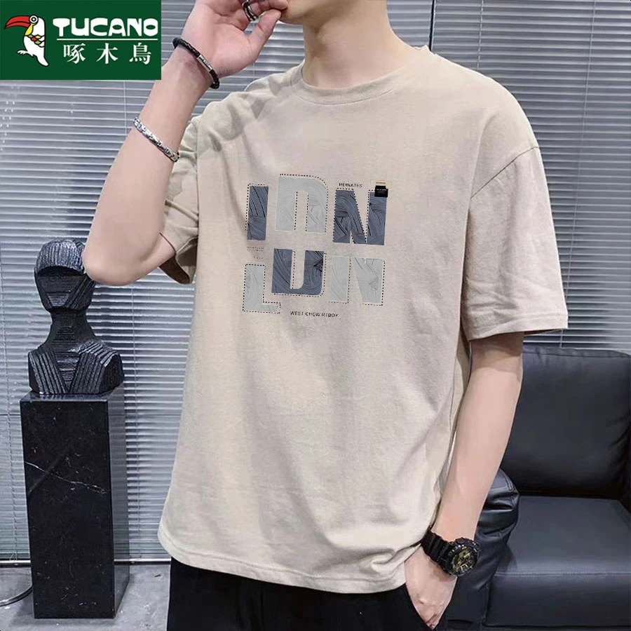 啄木鸟T恤韩版宽松港风上衣百搭五分ins夏季短袖男装圆领印花
