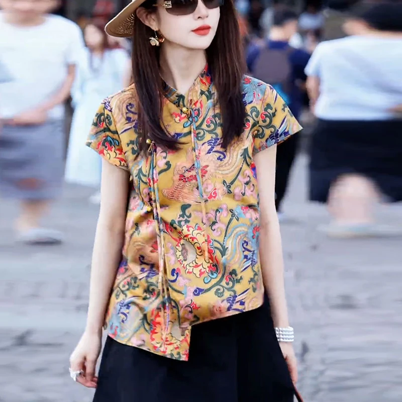 新中式国风女装2025新款小衫设计感小众短袖印花衬衫盘扣立领上衣