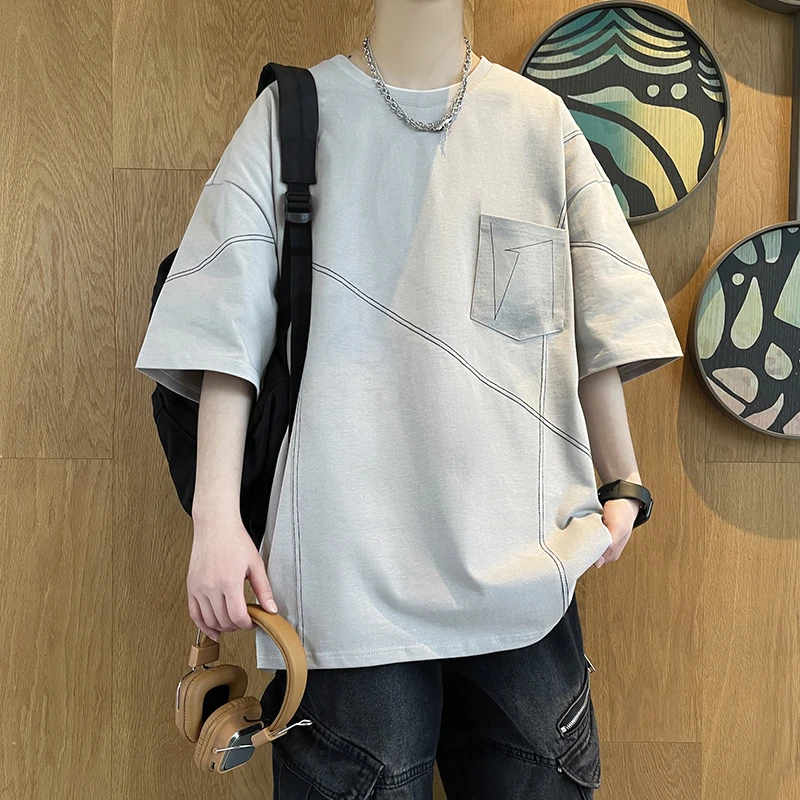 夏季纯棉短袖t恤男小众设计感半袖男宽松上衣青少年痞帅休闲体恤T