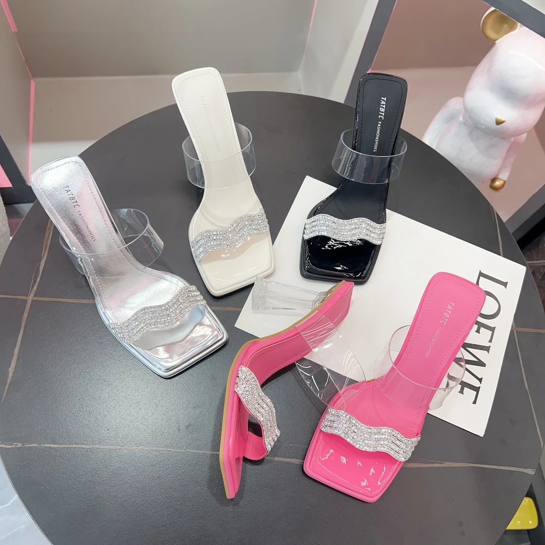 【8公分】水晶高跟百搭水钻女鞋2025夏季新款时尚方头凉拖鞋0185607