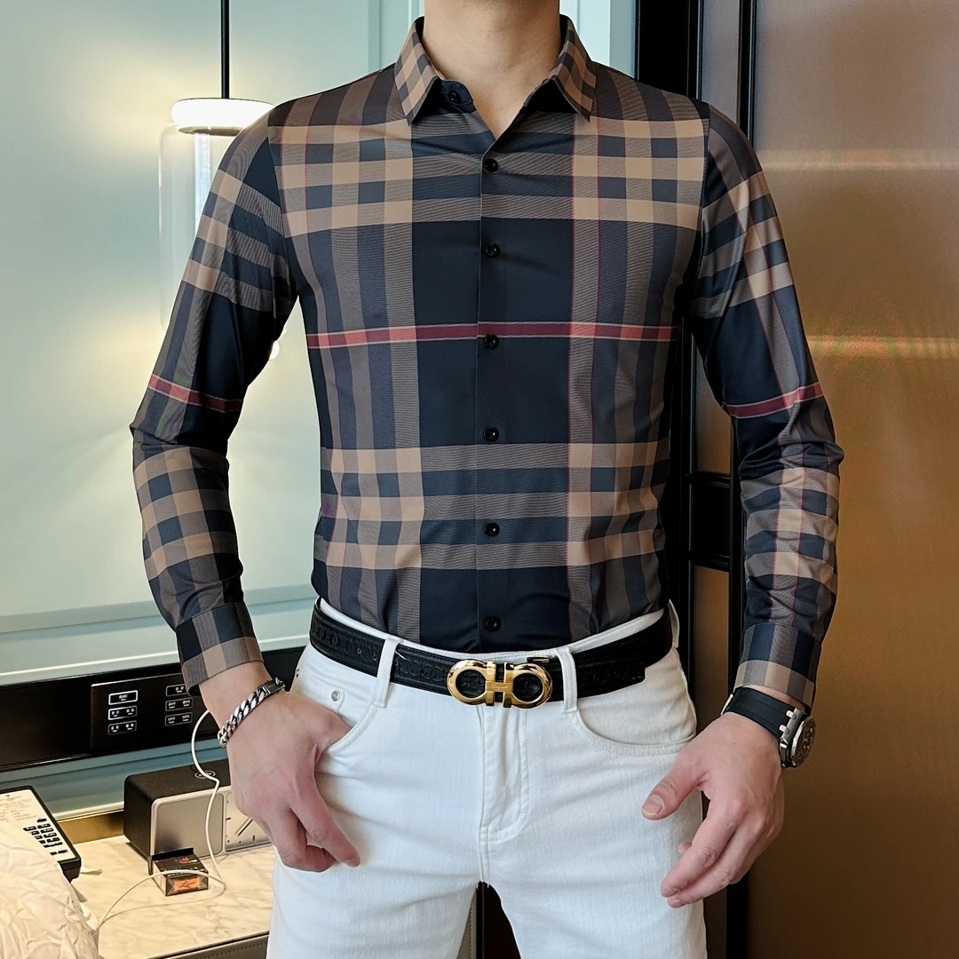 【仟旺赞男装】2025春款高端男士时尚格纹提花显瘦翻领长袖衬衫