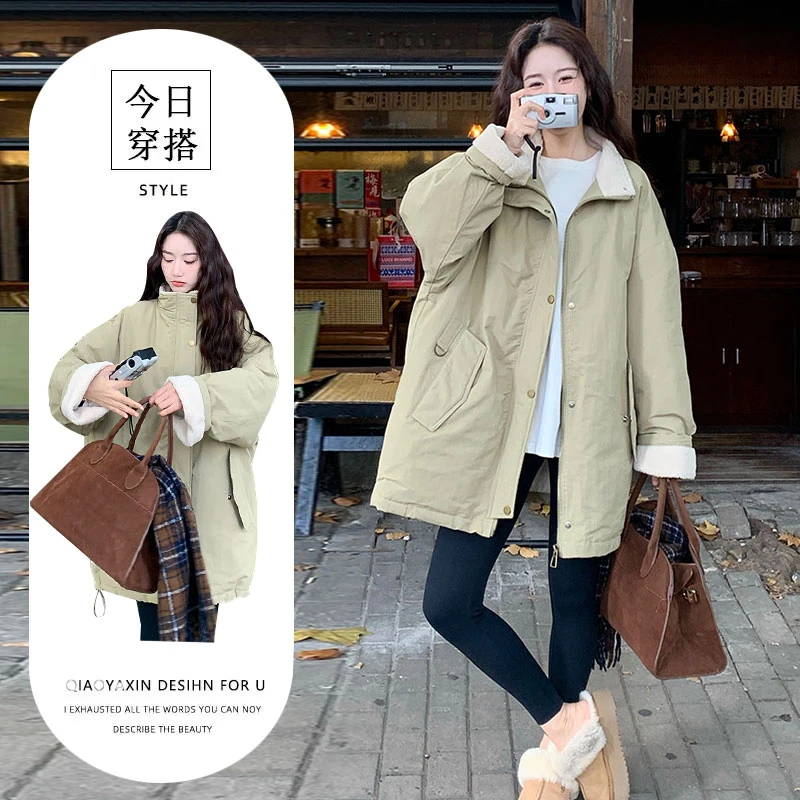 韩系立领加绒加厚外套女冬季2025新款宽松显瘦中长款派克服上衣潮