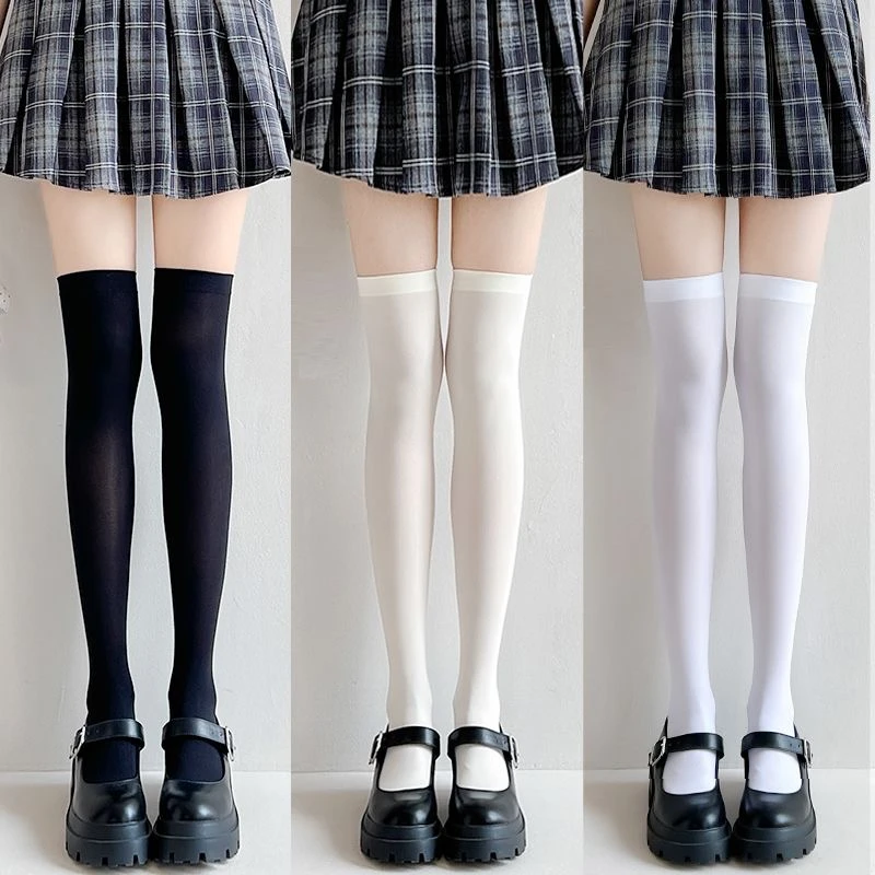 过膝袜女夏季薄款天鹅绒日系JK袜子透气小腿袜奶白黑色白色长筒袜