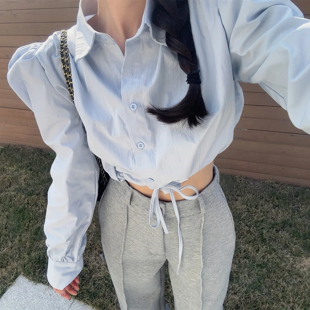 【高质感韩女】韩系直筒卫裤 泡泡袖翻领下抽绳绑结排扣衬衫