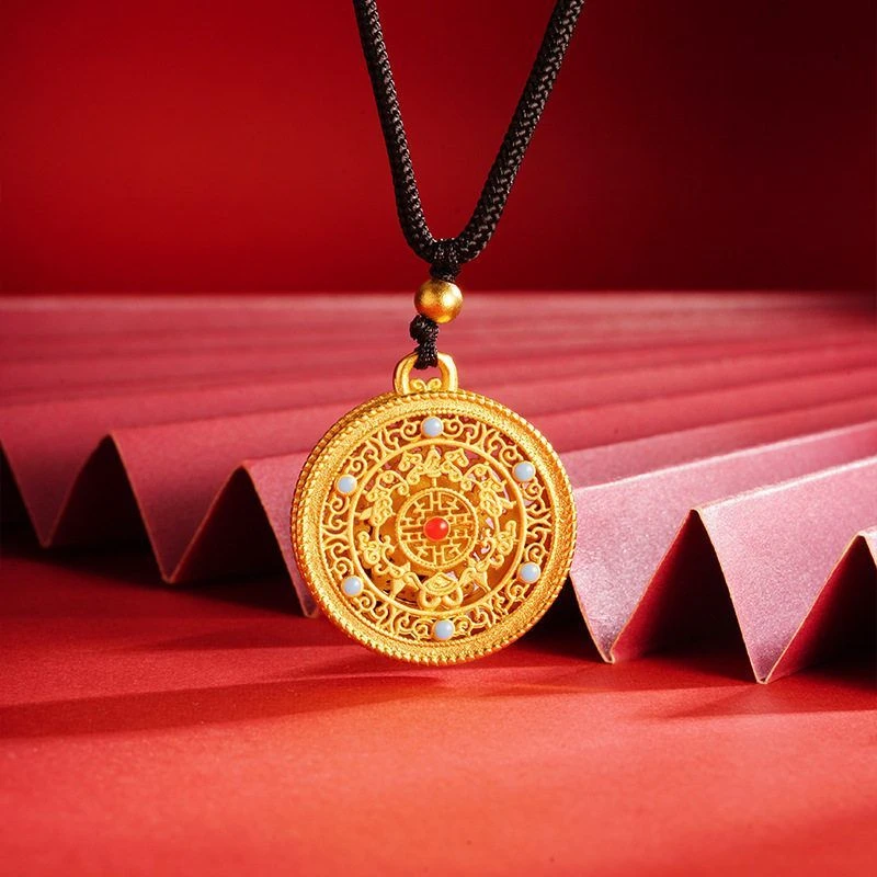 铜项链 女款铜镀金圆满五福厂家链挂件黄铜镶嵌宝符如意复古时尚
