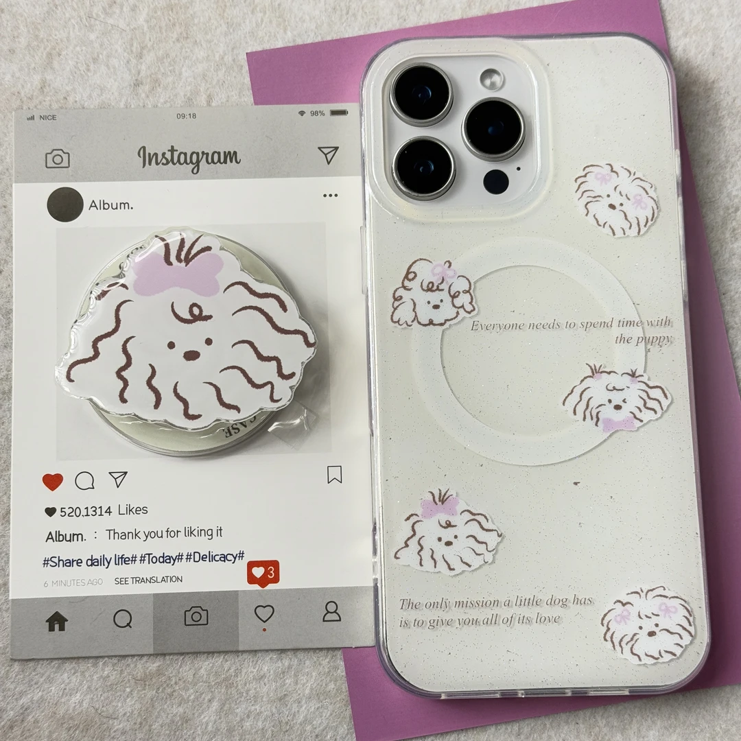 可爱卷毛狗狗磁吸支架适用16pro苹果手机壳iPhone16/15新款1314