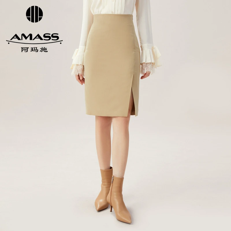 阿玛施新款开叉纯色H型女通勤高腰夏季半身裙显白微胖女生A字
