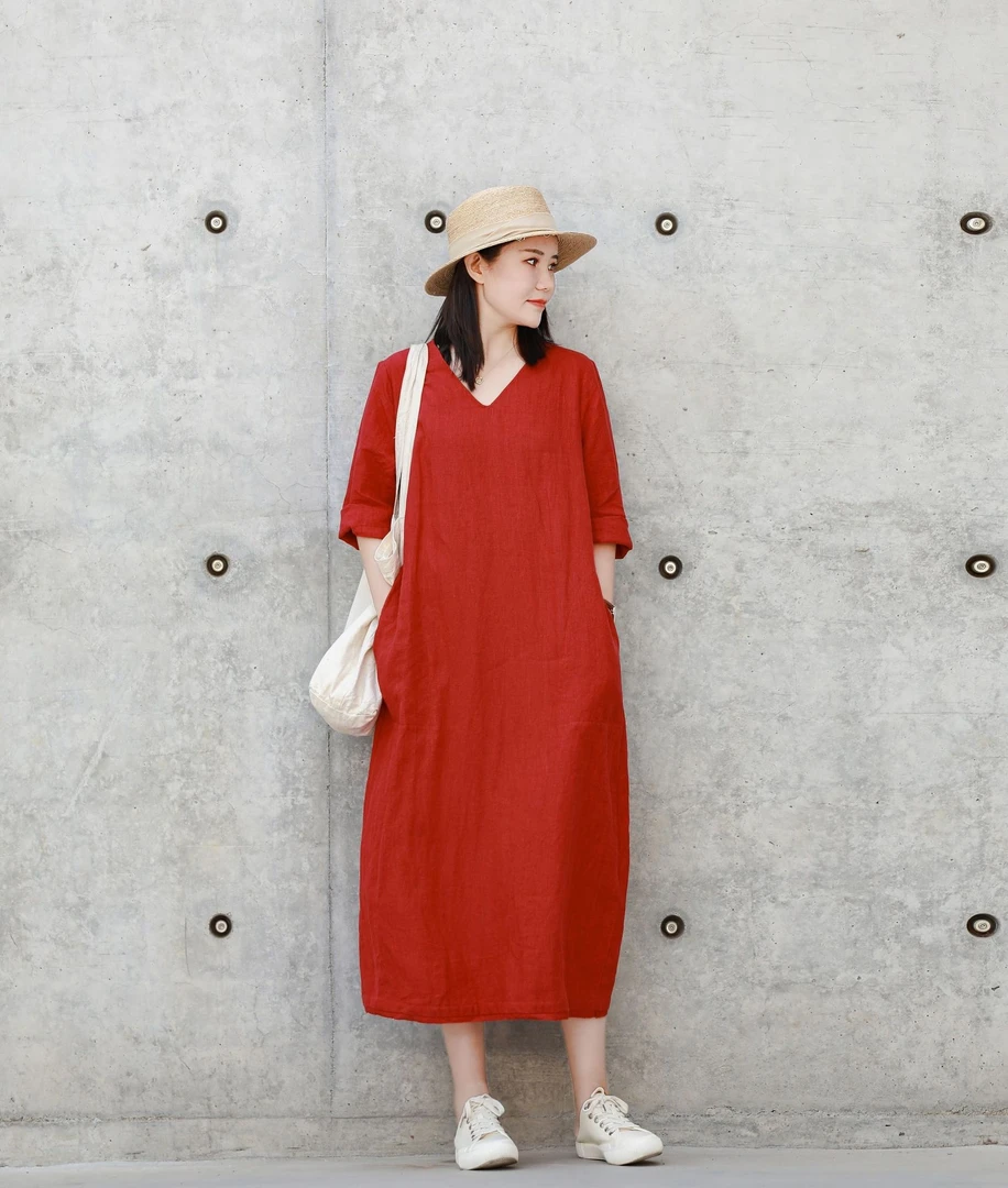 亚麻连衣裙女夏季棉麻袍子文艺复古旅行服饰宽松休闲气质麻料长裙