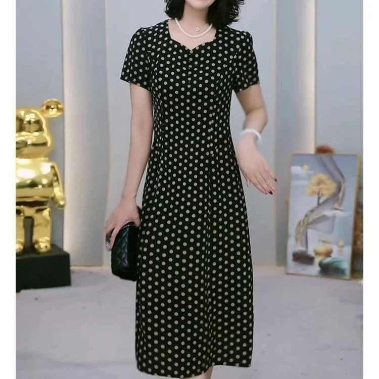 夏季新款妈妈洋气修身减龄经典波点中长款连衣裙7426
