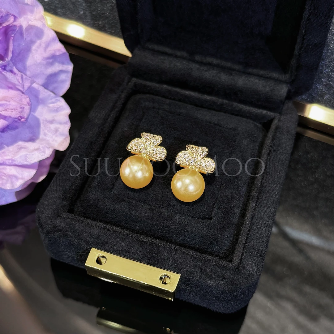 铜合金合成锆石耳饰 法式时尚金色三叶花珠珠耳环