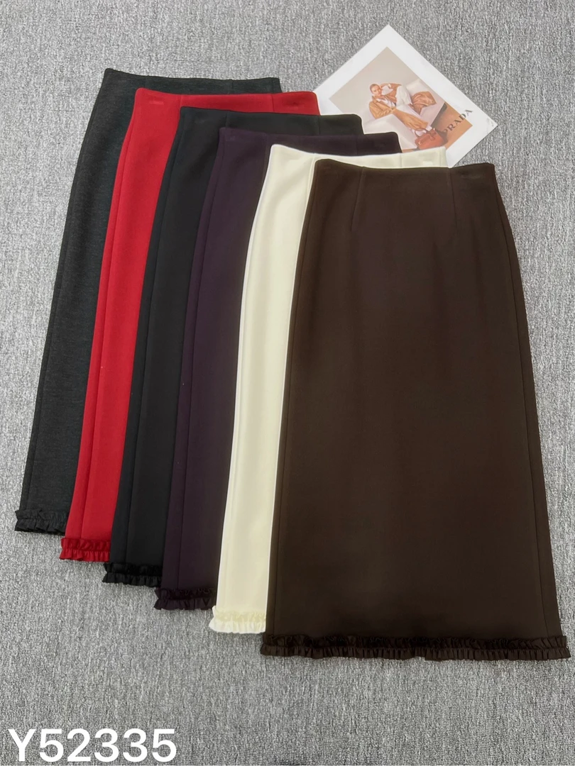 52335 木耳边中长款半身裙纯色半身裙裙子显瘦一步裙