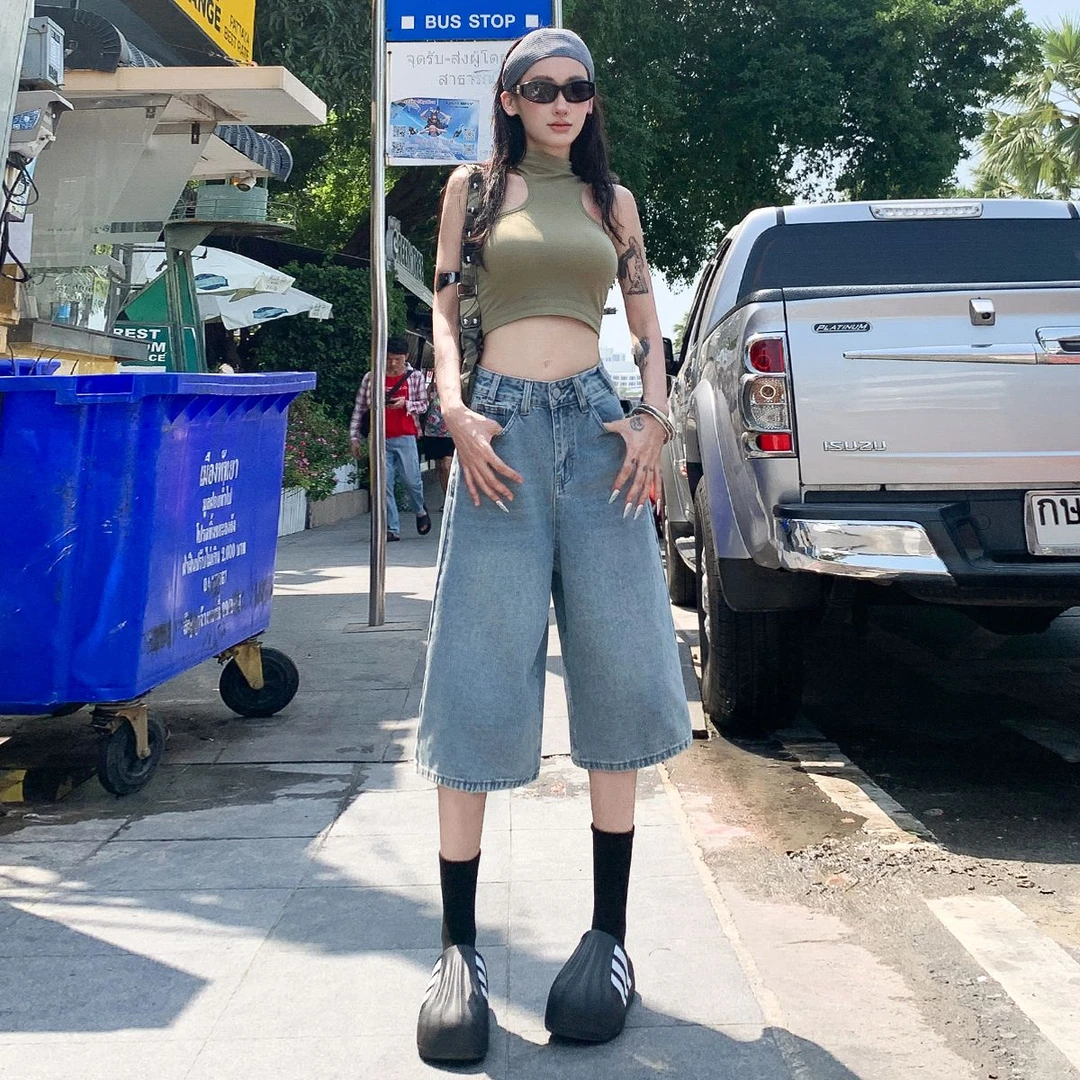 阔腿七分牛仔裤女2025夏季薄款新款高腰显瘦宽松百搭五分中裤子女