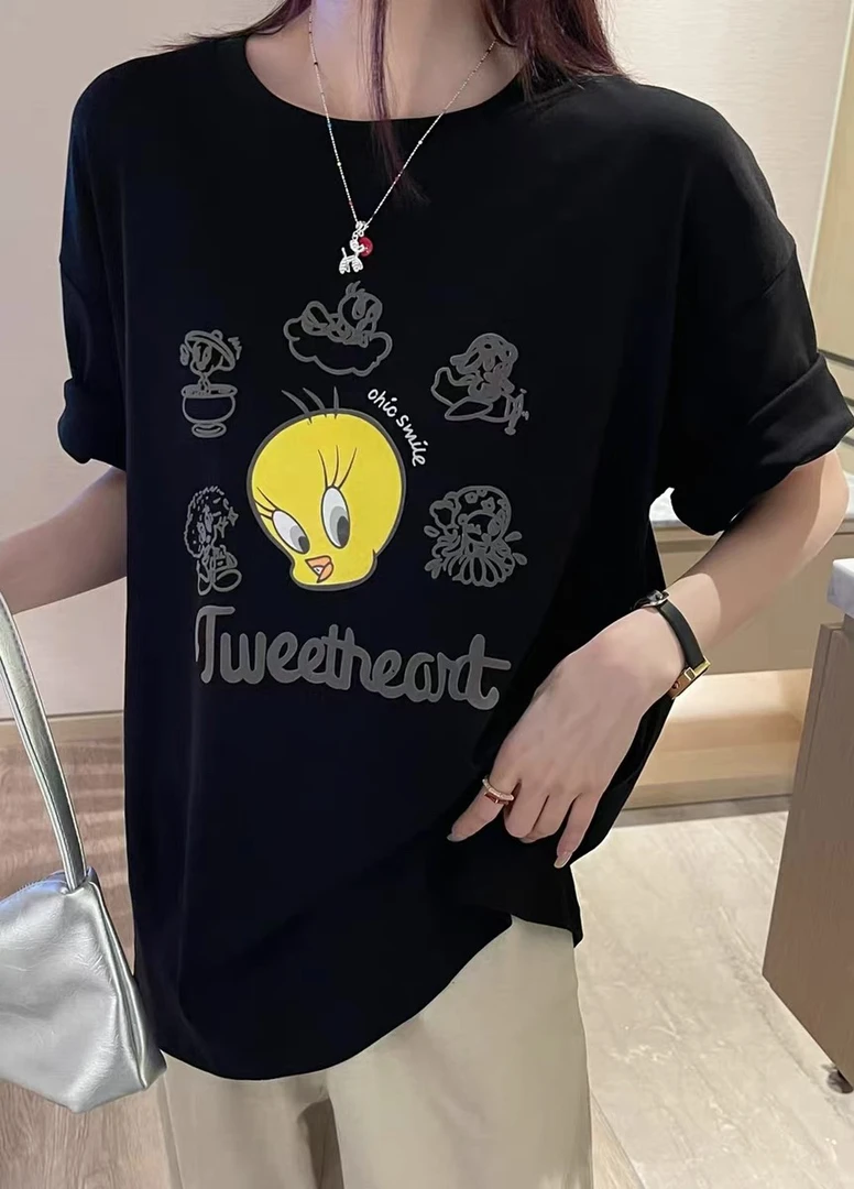 69欧洲站25夏时尚小众设计个性卡通印花宽松休闲街头圆领短袖T恤