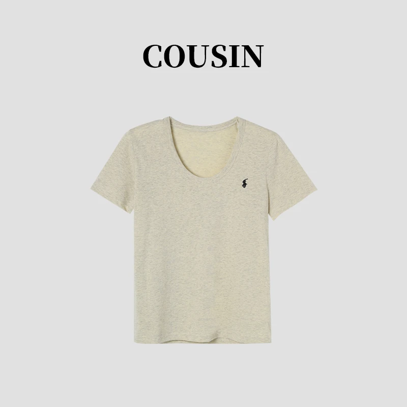 D.cousin   夏季透气简约刺绣正肩显瘦舒适T恤女 2333