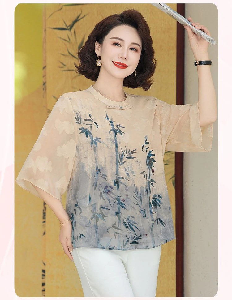 妈妈装夏装短袖T恤洋气小衫中老年女衣服新中式国风宽松薄款上衣