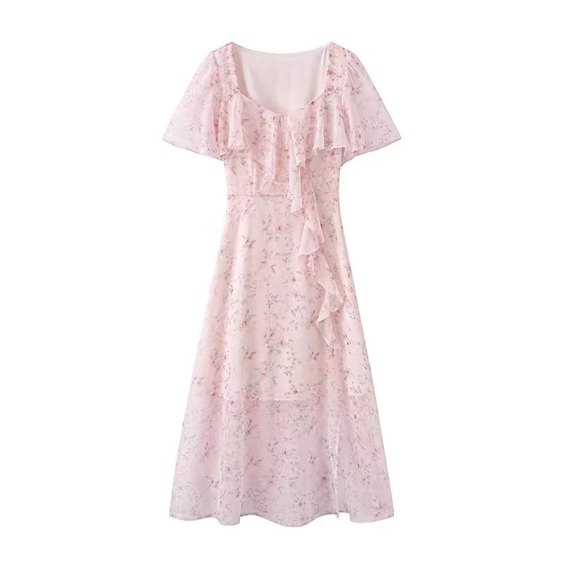 印花温柔中长裙轻薄透气夏季淑女方领荷叶边雪纺碎花连衣裙女