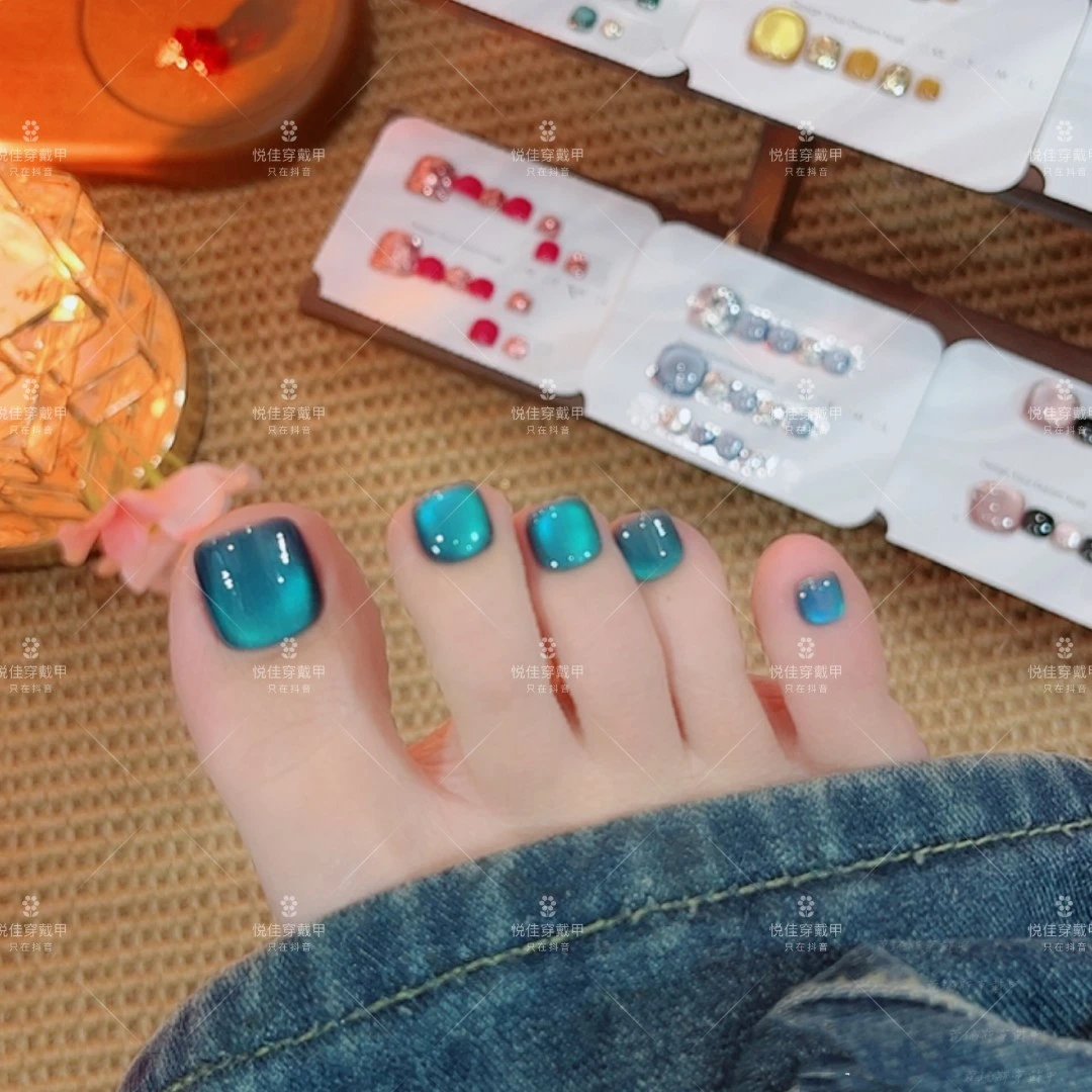 【那片海】纯手工脚甲l蓝色猫眼夏季新款穿戴甲14片