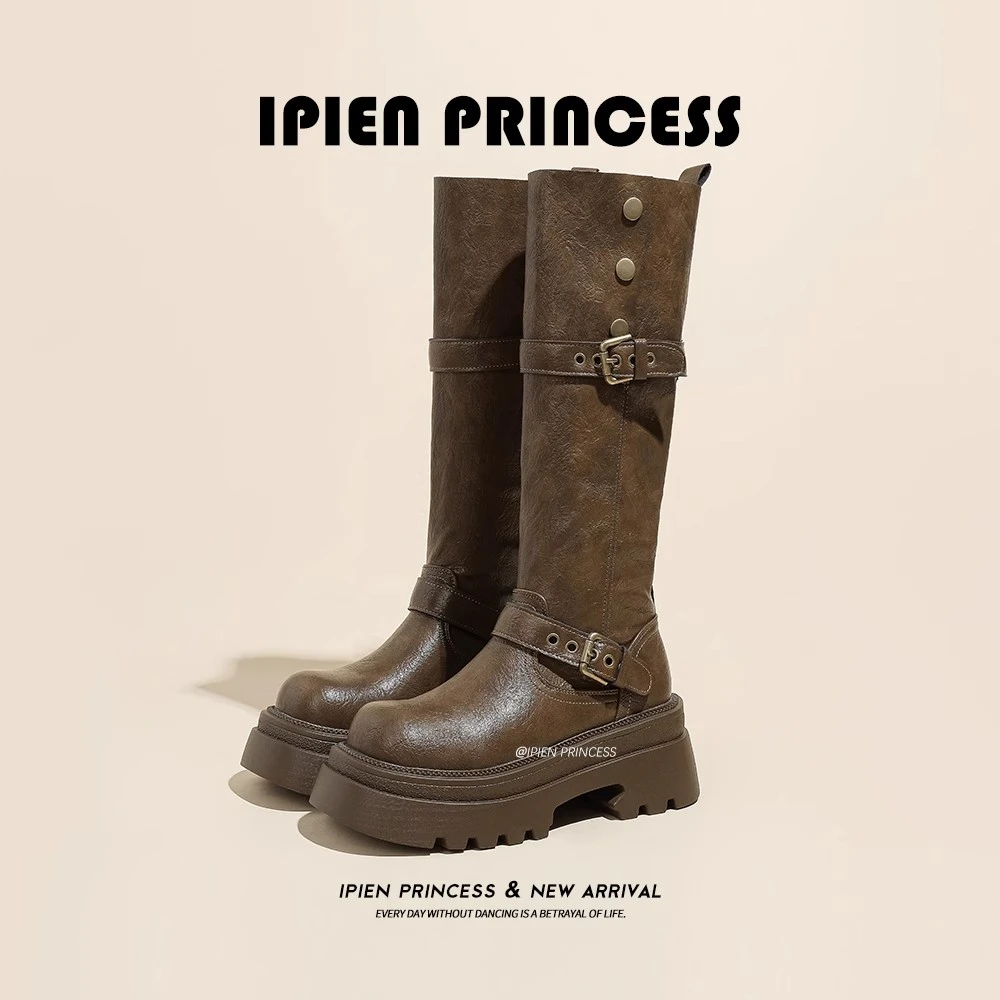 时尚复古长筒靴女2025秋冬高筒骑士靴厚底增高户外旅游西部牛仔靴