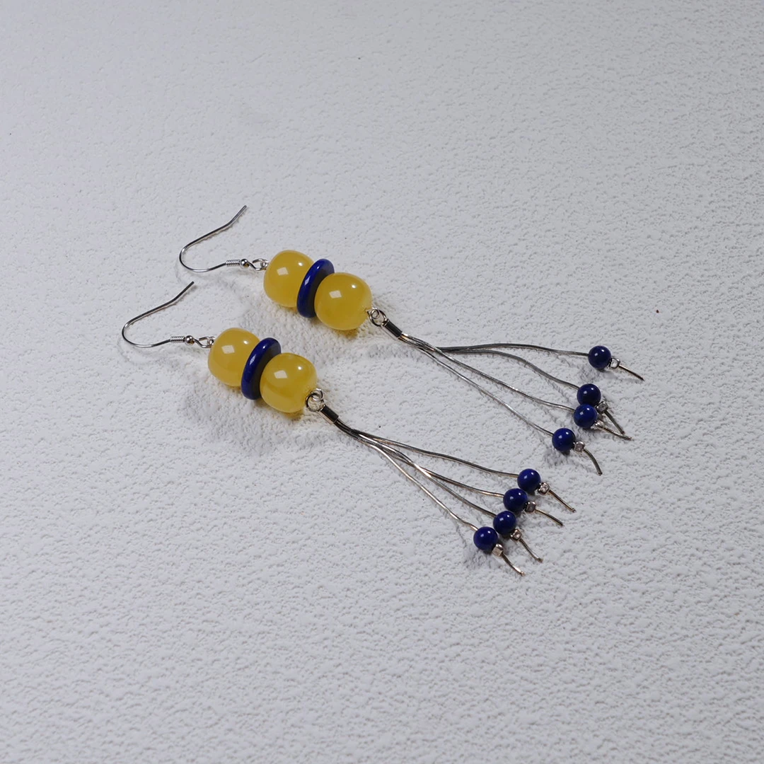 天然琥珀10m+老型珠流苏耳钩