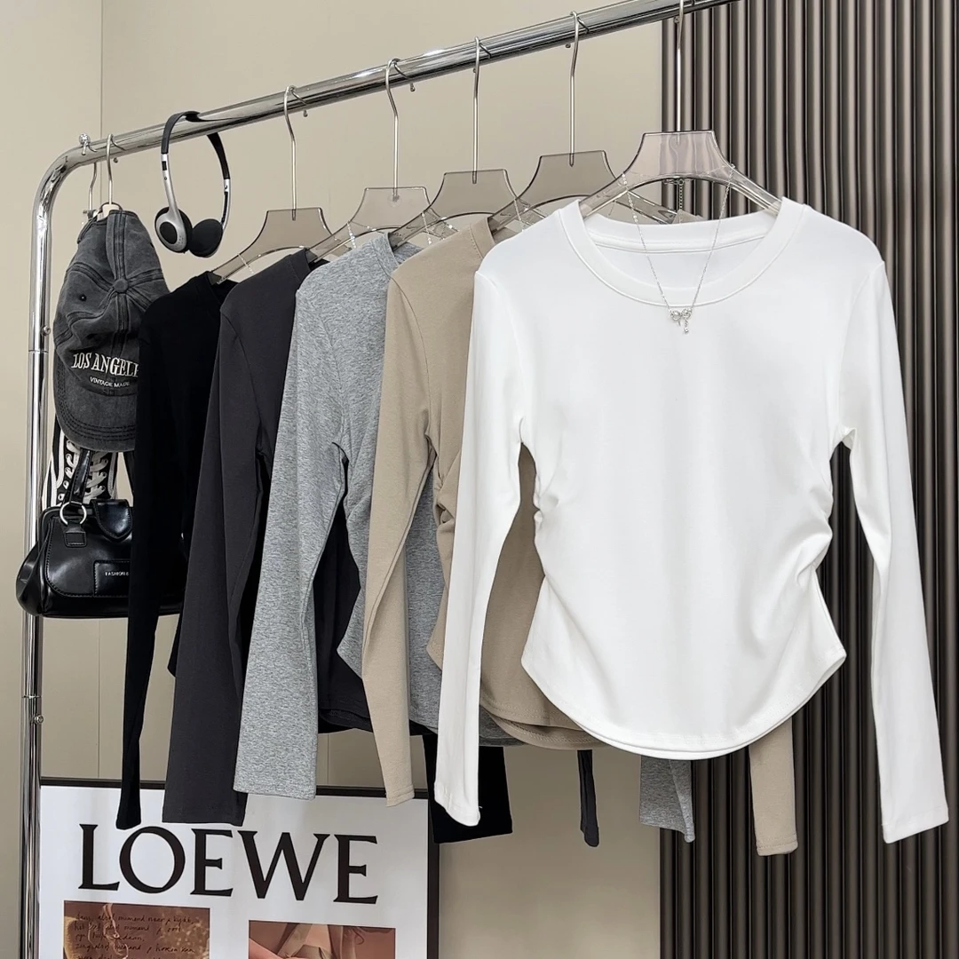 【现货】秋冬季时尚圆领V领褶皱收腰百搭显瘦加厚长袖正打底t恤女
